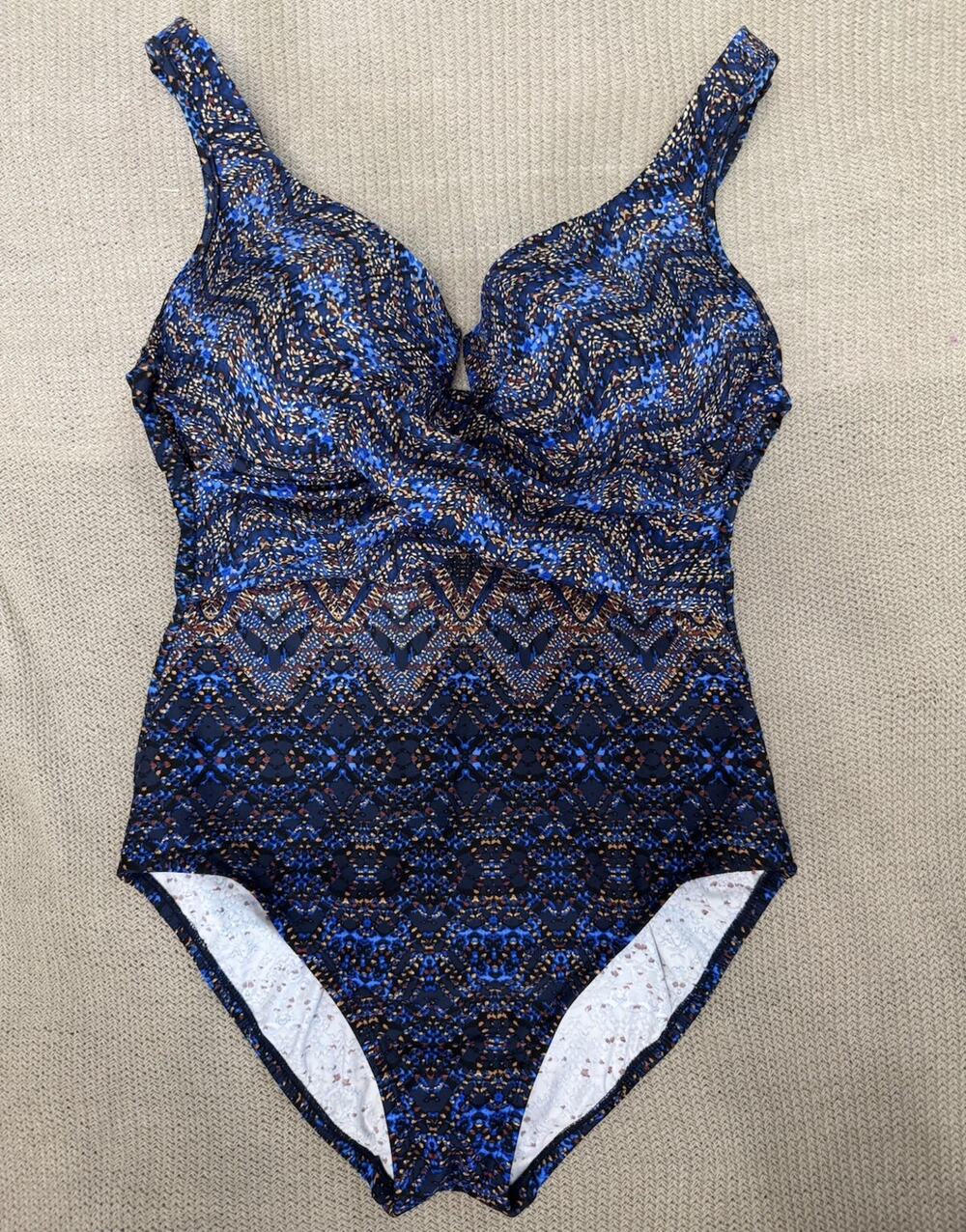 Miraclesuit Blue Black Geometric Ruched One Piece Swimsuit Size 14